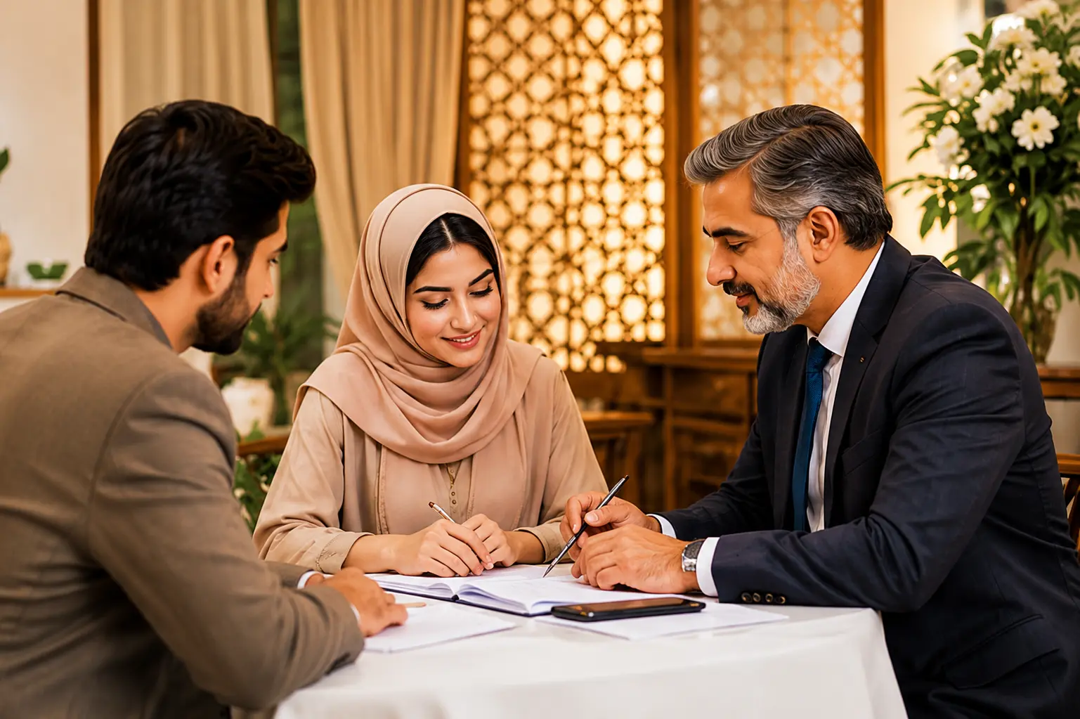 A young Pakistani couple meeting a professional Rishta matchmaker for a private, family-oriented consultation